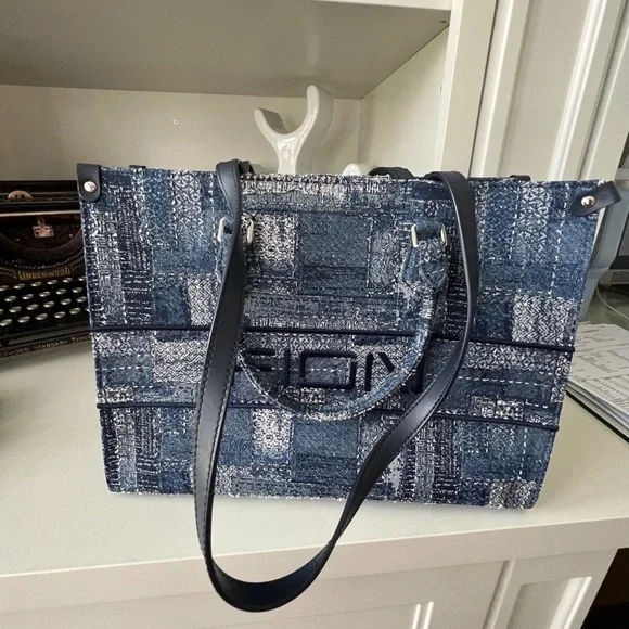 FION Oil Painting Jacquard with Leather Tote Bag Navy Blue Purse BRAND NEW - Picture 13 of 13